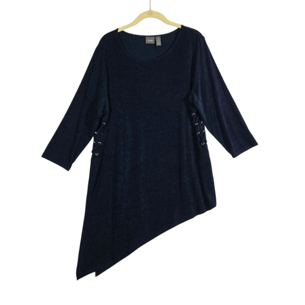 Chico's 3 Travelers Top Womens XL Slinky Blue Asymmetrical Tunic Long Sleeve